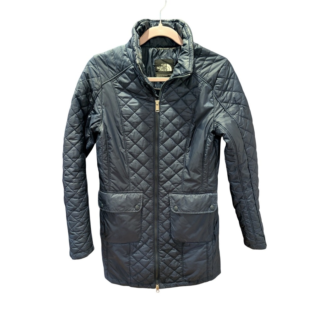 The North Face Womens Quilted Full Zip Parka Jacket XS Gray Diamond Pattern Navy